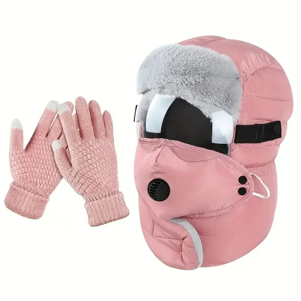 Winter hat and gloves made of polyester with sheep wool lining featuring ear flaps and neck guard for cold weather use