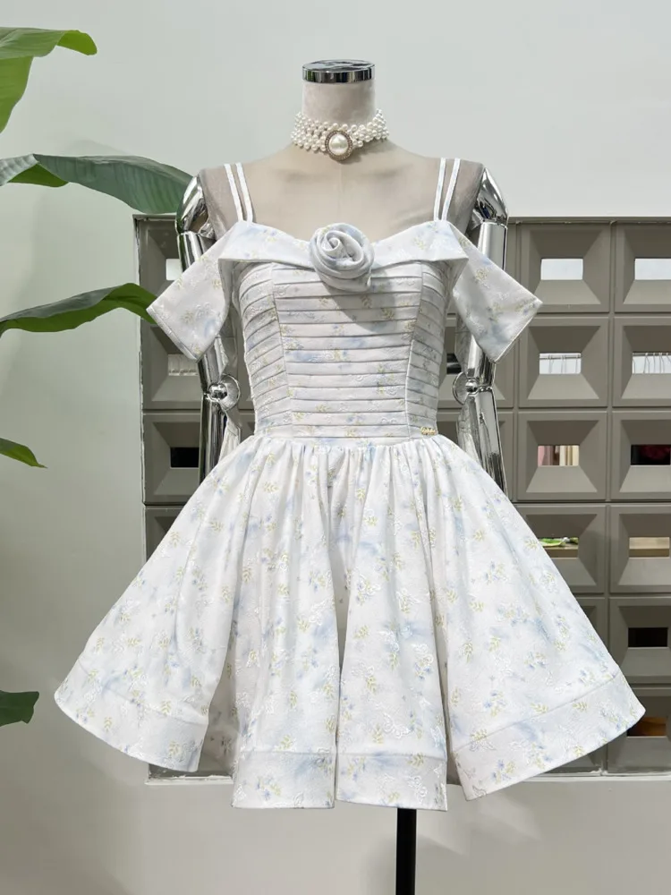 DFDG 2025 Resort Women’s Off Shoulder Floral Flounce Dress Elegant Smocked Waist Vacation Wear Spring Summer Fashion Dress