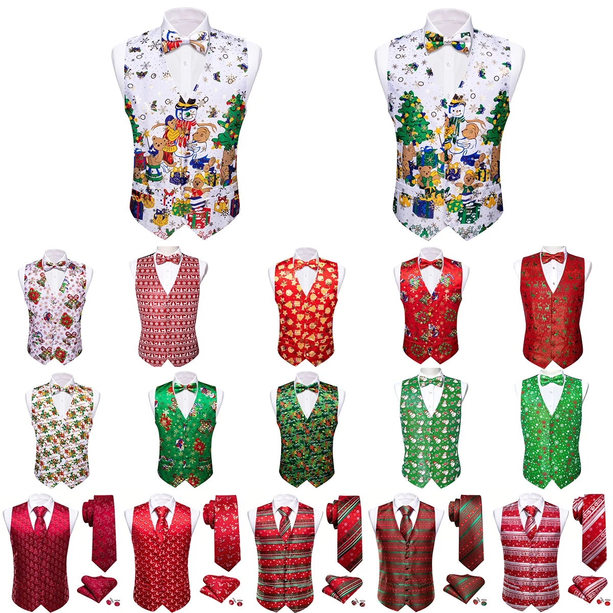 Christmas Vest for Men Silk Red White Green Snowflake Santa Claus Elk Waistcoat Tie Bowtie Set Party Festival Barry Wang