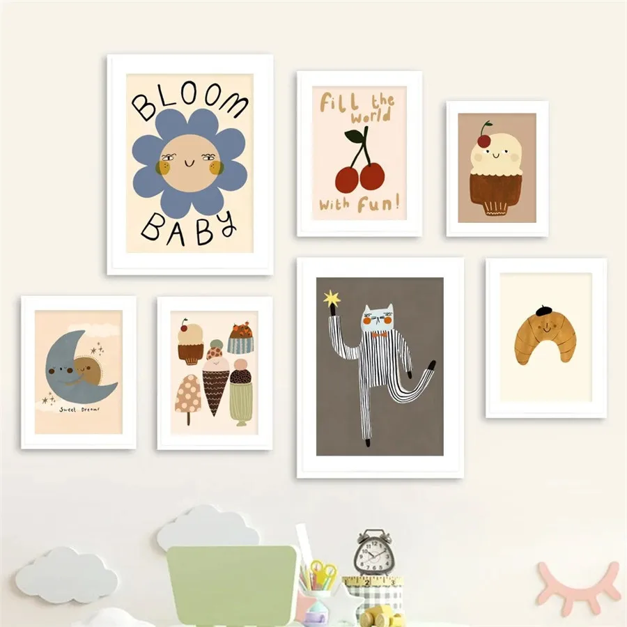 Katze Kirsche Eis Eichel Apfel Sonne Mond Spaß Cartoon Vintage Poster druckt Wand kunst Leinwand Malerei Kawaii Baby Kinderzimmer Dekor