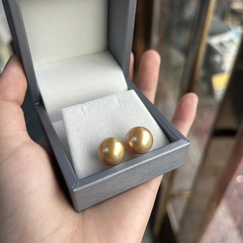 Pearl Stud Earrings for Women 13-14mm Real Round Gold Pearl Simple Wedding Party Free Shipping Gifts