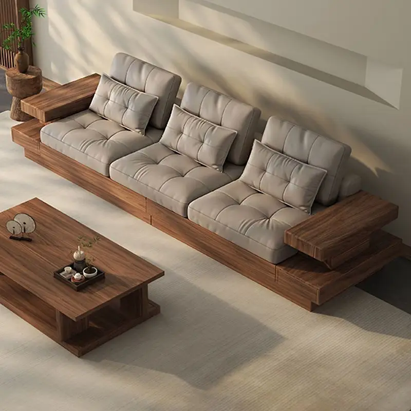 Schwarznuss-Sofa mit geraden Reihen, neuer chinesischer Stil, schlicht, leichter Luxus, für große und kleine Wohnungen, Freizeitstuhl, Villa, Wohnzimmer