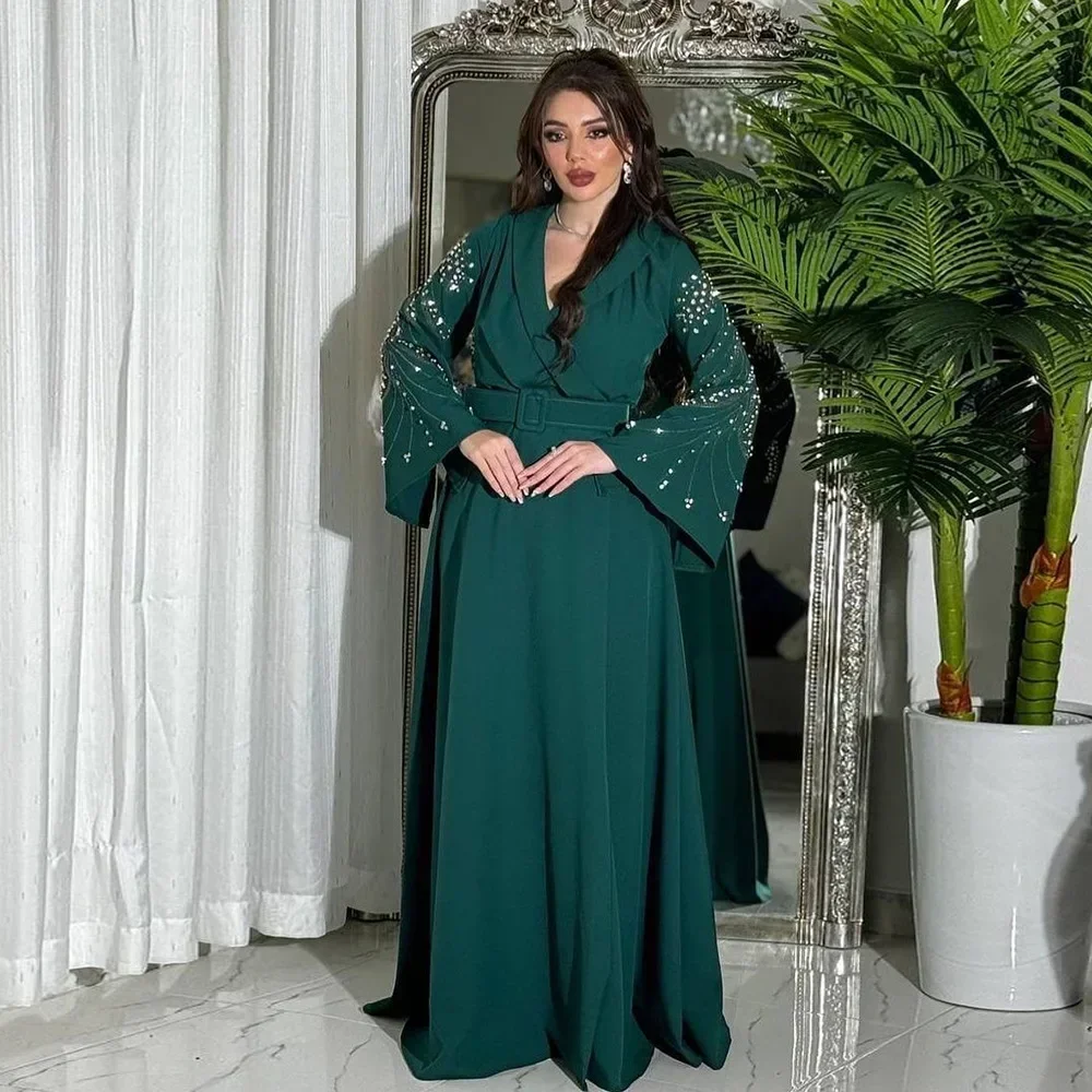 Eid Belted Dress Diamonds Printed Jalabiya Muslim Abaya Women V-neck Arab Lace-up Gown Long Robe Trumpet Split Sleeves Clothing