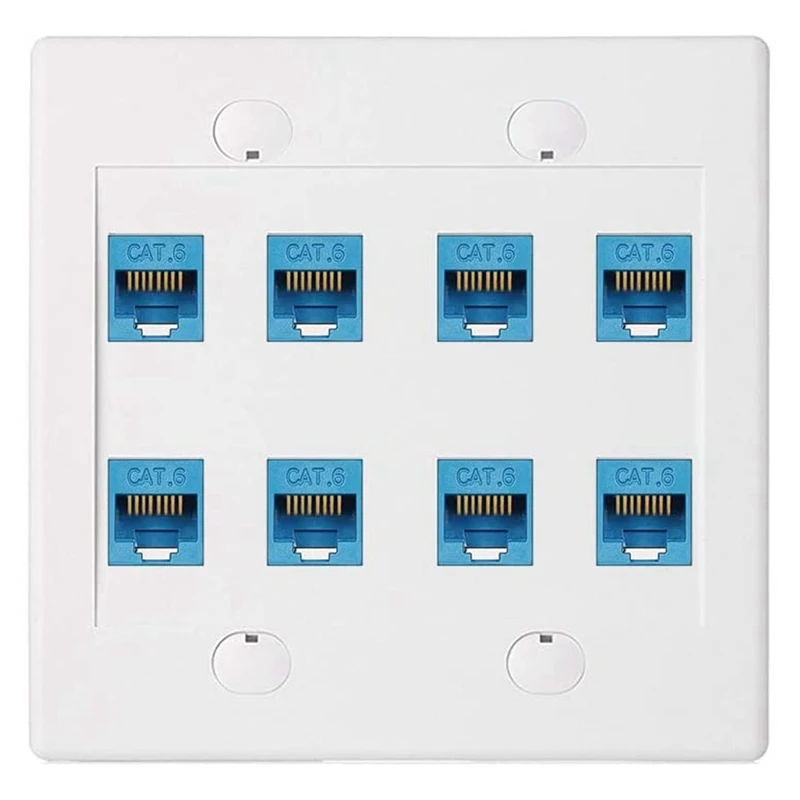 PROMOTION! Ethernet Wall Plate 8 Port - Double Gang Cat6 RJ45 Keystone Jack Network Cable Faceplate Female To Female - Blue