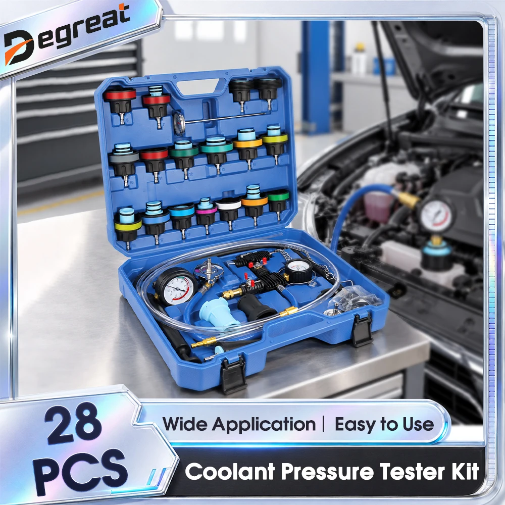 Degreat 28-teiliges Kühlerdruckprüfgerät, All-in-One-Kühlsystem-Testkit, Kühlmittel-Vakuum-Nachfüllwerkzeug, Kühlsystem-Leckdetektor, universelle Kfz-Wassertank-Druckpumpe für PKW, LKW, BMW, VW, GM,