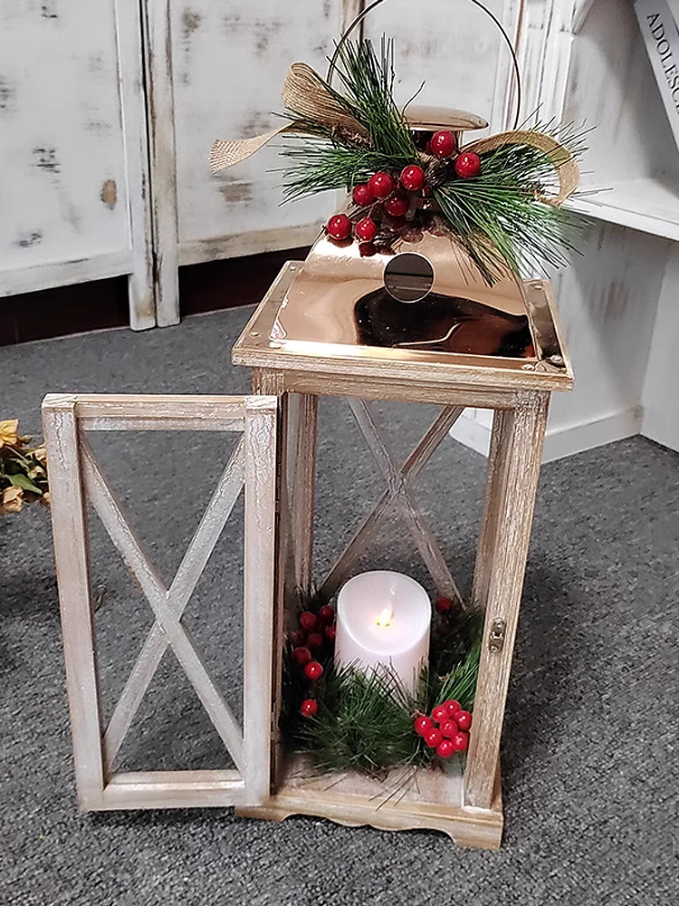 European-style Wooden and Metal Lantern for Festive Decoration, Ornamental Floor and Ceiling, Electronic Candles