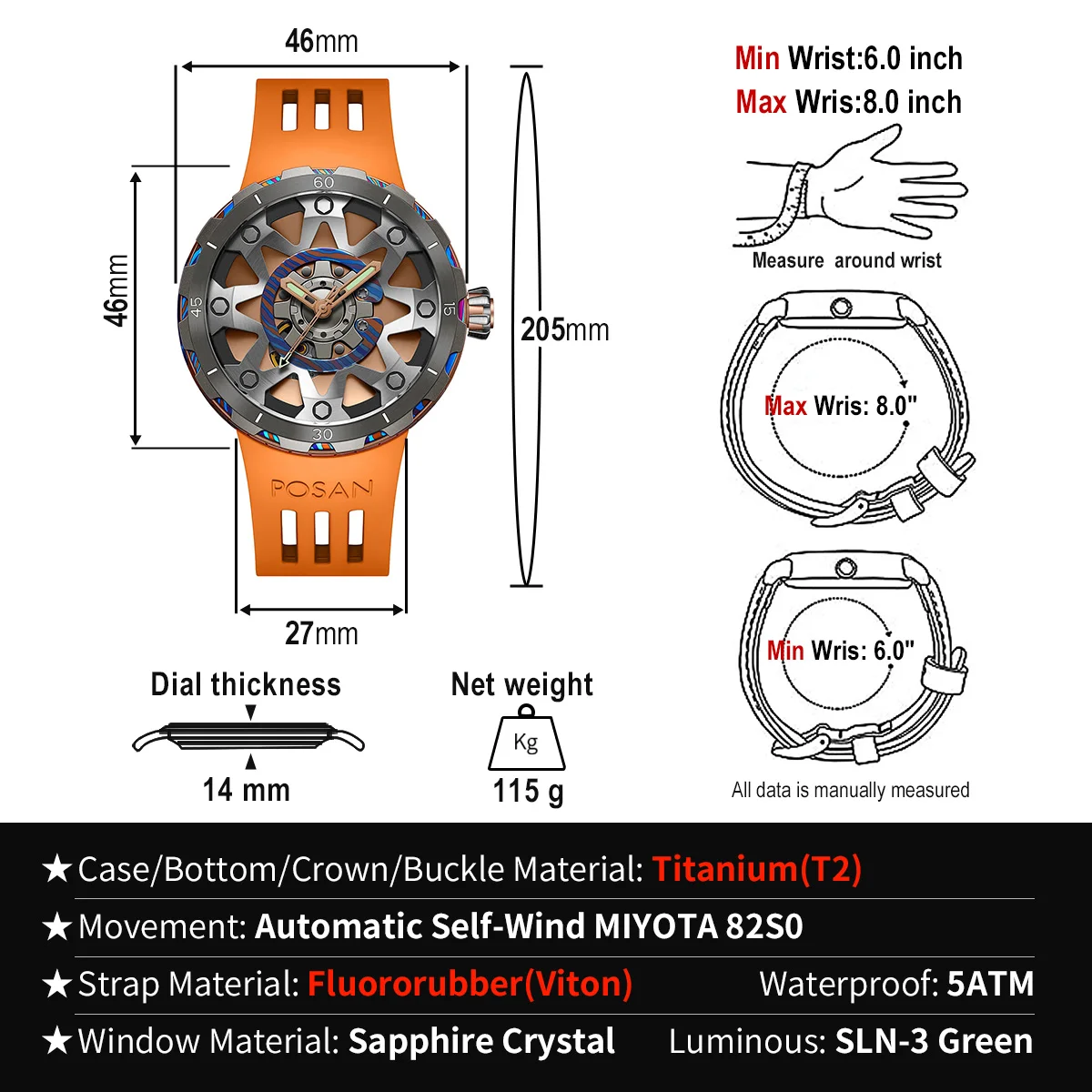 Top Luxury Unique Automatic Titanium Watch Men Timascus Sapphire Glass VITON Strap Sports Watches Men\'s Mechanical Wristwatch