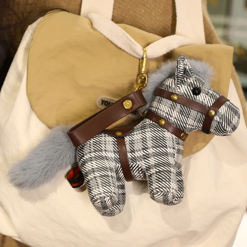 

Horse Keychain Handmade Genuine Leather Plaid Furry Cute Stylish Zodiac Horse Bag Charm Purse Backpack Ornament For Women Girls