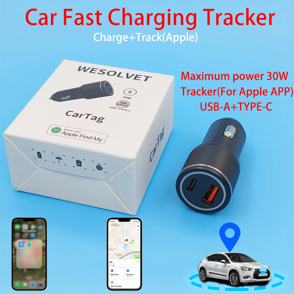 

Car charger works with positioning tracker for Apple Find My USB-A TYPE-C Max 30W Output 5V 9V 12V Phone Charger Fast Charging