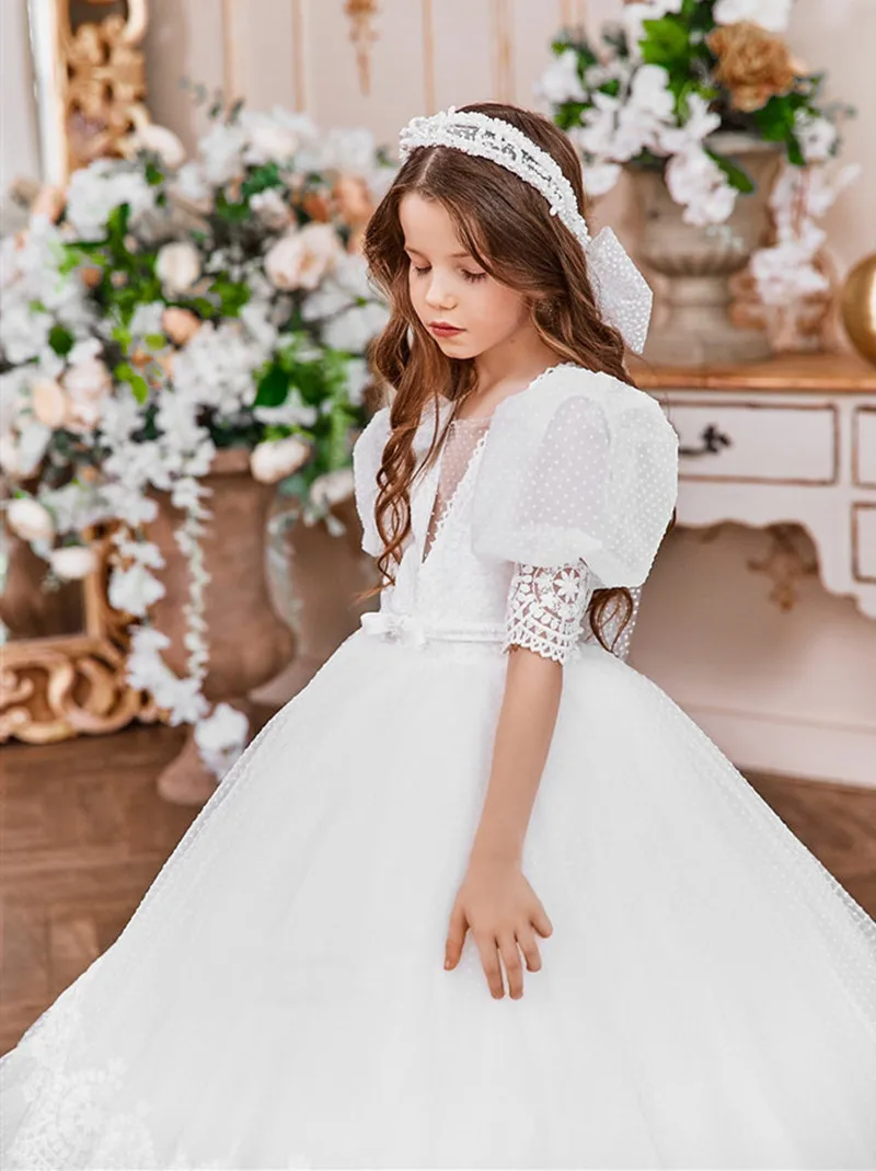 Vestido de tul blanco para niña de las flores, vestido de fiesta para niño, vestido de primera comunión, atuendo para niño, talla 1-16T