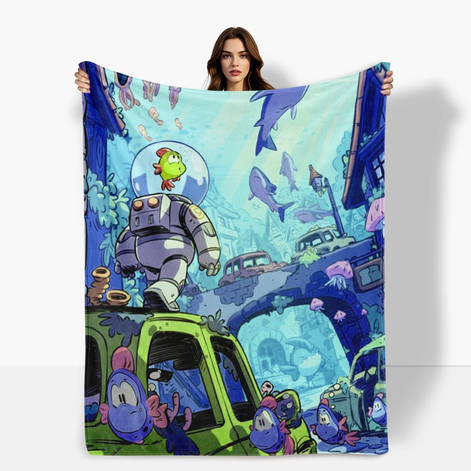 Travel Inspired Blue Dolphin Car Underwater Design Cozy Blanket For Road Adventures And Warmth During Ocean Themed Trips