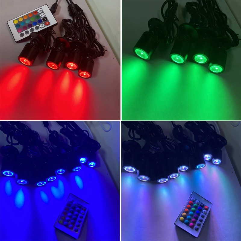 RGB-LED-Strahler, USB, 5 V, dimmbar, Farbe, Mini-Deckenstrahler, 1 W, 3 W, Schaufenstermuster, Schaufensterlicht, Raumdekoration, 1 bis 4 Fernbedienungsset