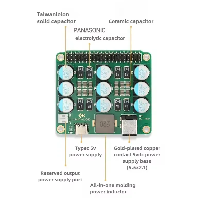 Raspberry pi pi4/5 dc fonte de alimentação filtro purificador redução ruído atualização módulo expansão placa acessório áudio alta fidelidade