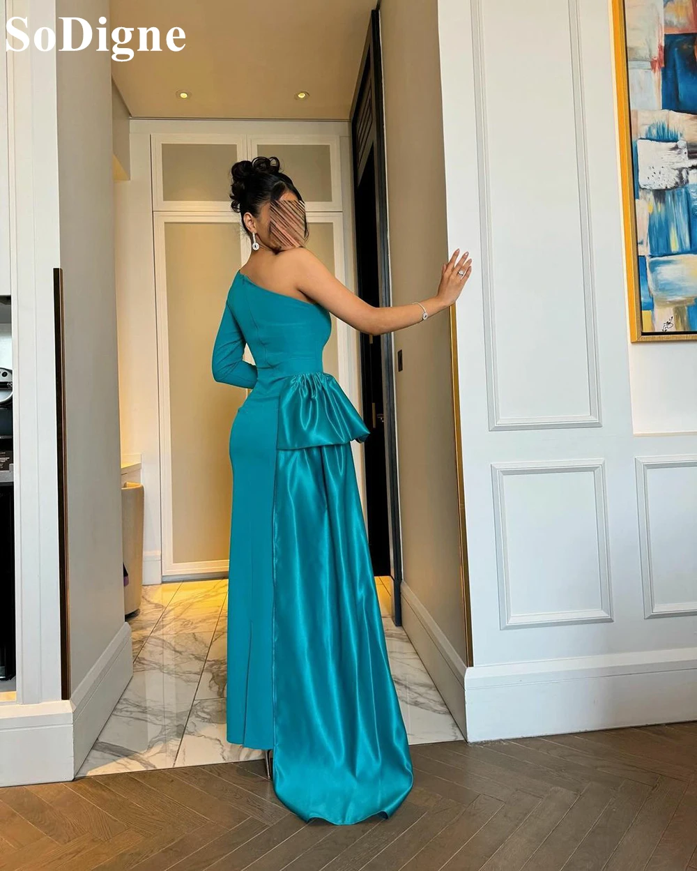 SoDigne Elegant Teal Evening Dresses One Shoulder Ruffles Ankle Length Mermaid Party Dress 2024 Sexy Prom Gowns for Women