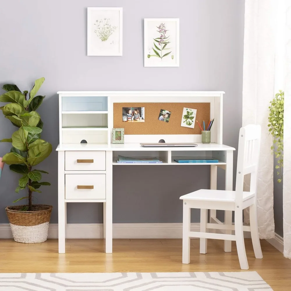 Kids Computer Desk with Storage Drawers, Adjustable Shelves, Corkboard | Children's Wooden Study Table