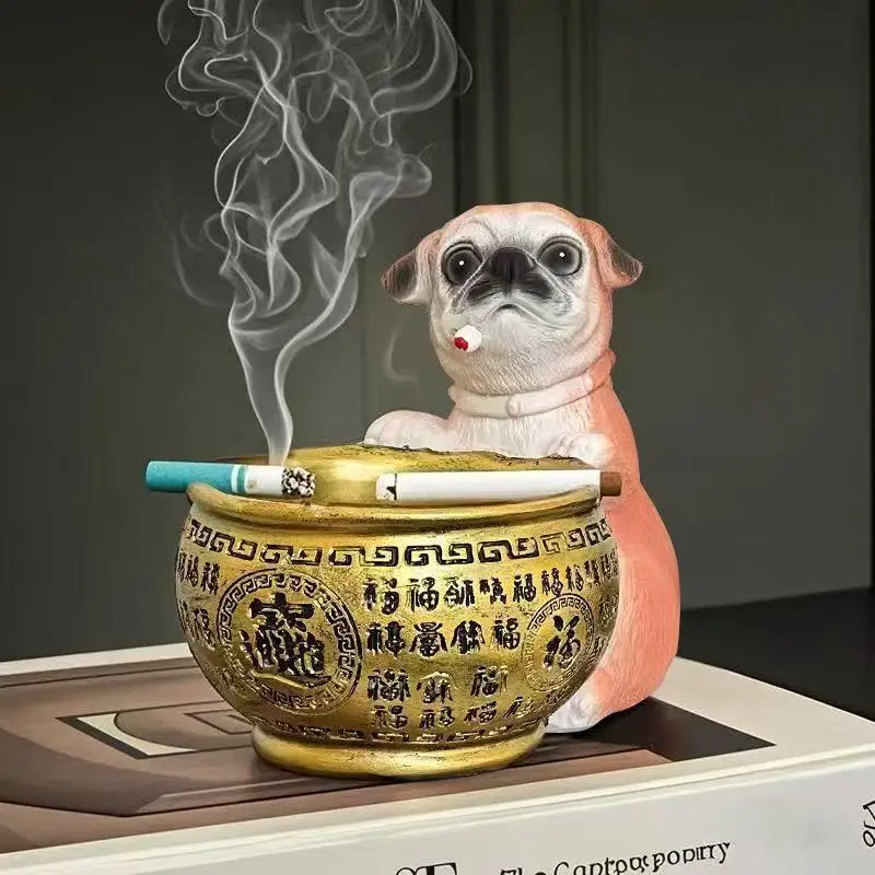 

Creative Lucky Dog Ashtray Ornaments Home Office Decorations Cute Animals Hold Gold Treasure Bowl Statue Feng Shui Decor Gifts