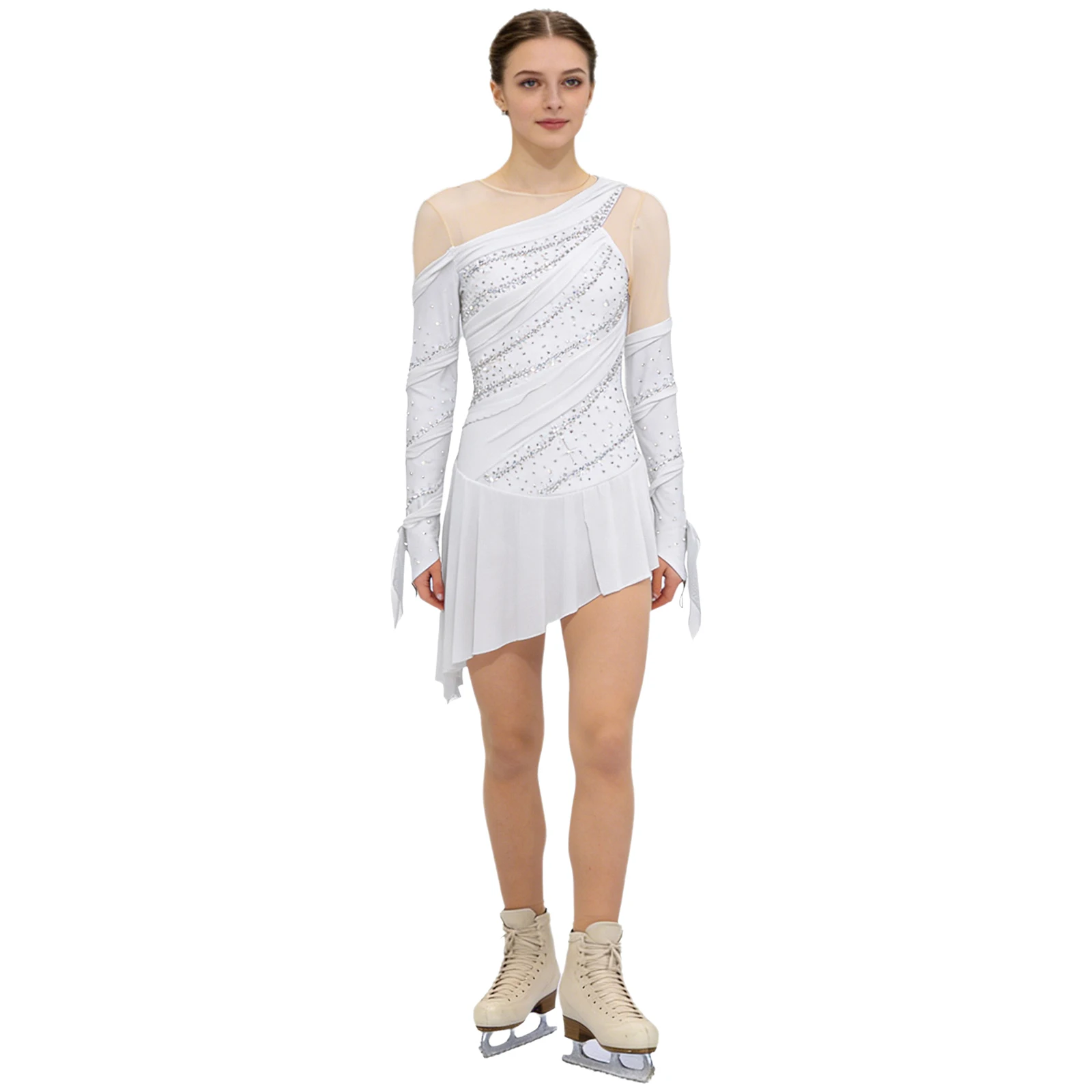 Women Figure Skating Dress Gymnastics Acrobatics Ballet Latin Lyrical Dance Costume Long Sleeve Rhinestone Mesh Leotard Dresses