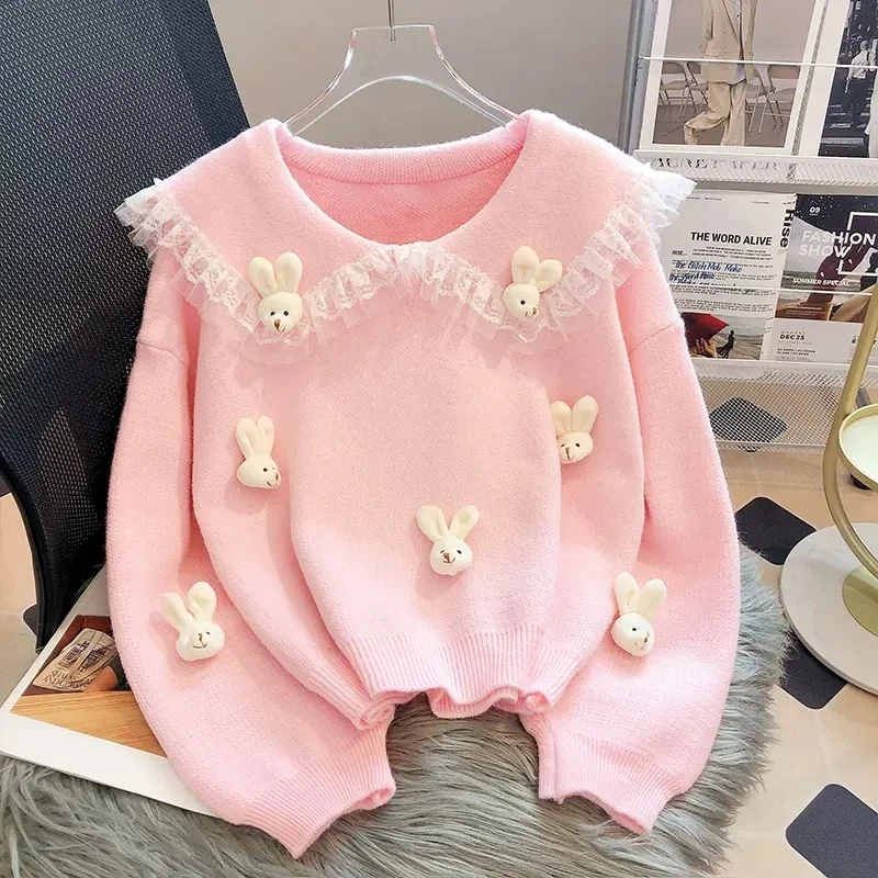 Dolce donna maglione cartone animato conigli Patchwork di pizzo colletto Peter Pan Pullover stile Preppy top in maglia allentata maglione femminile