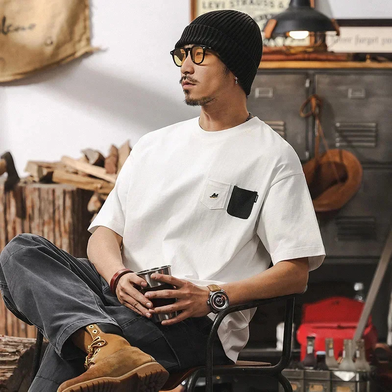 

Летняя тяжелая футболка из 100% хлопка, мужская трендовая футболка с короткими рукавами, свободный белый топ в американском стиле ретро