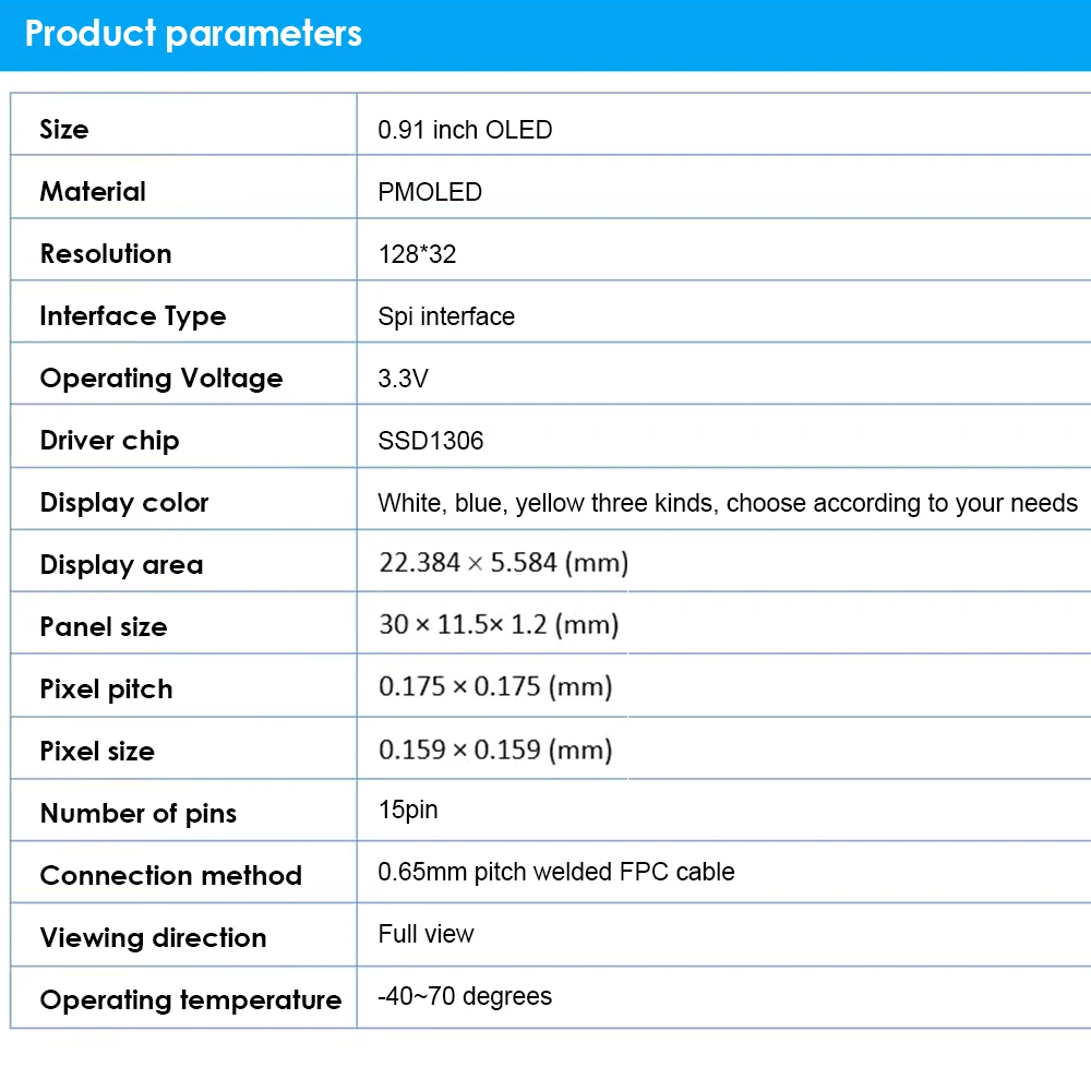 0.91 Inch OLED Display 15PIN Monochrome White Blue Display Module 128*32 LCD Screen Port Screen Ssd1306