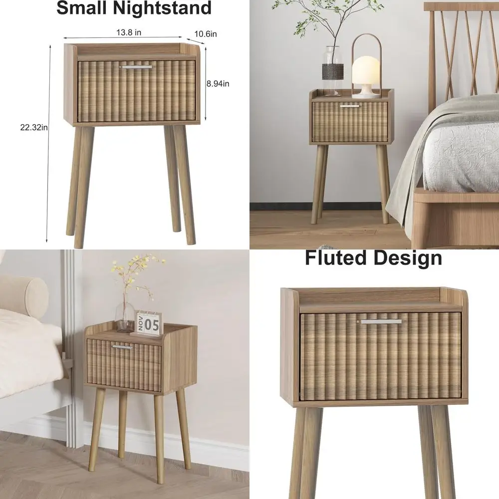 

Pair of Mid-Century Nightstands, Fluted Door Accents, Solid Wood Legs, Ideal for Small Bedrooms and Beds