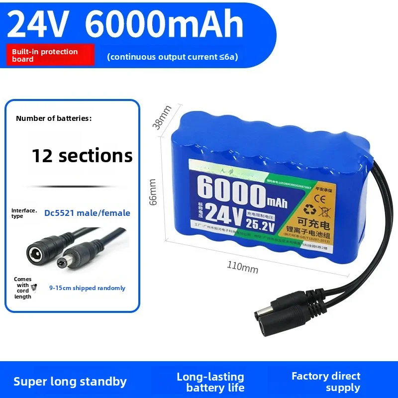 For 24V 6000mah Lithium Battery Pack with Smart Protection Plate Safe Durable Super Long-lasting Removable