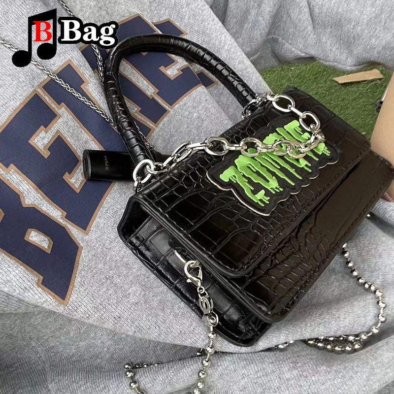 Y2K Punk Embroidered Bag Women Girls Gothic Crocodile print PU Leather Shoulder Bags Handbag Female Hip hop trend messenger bag