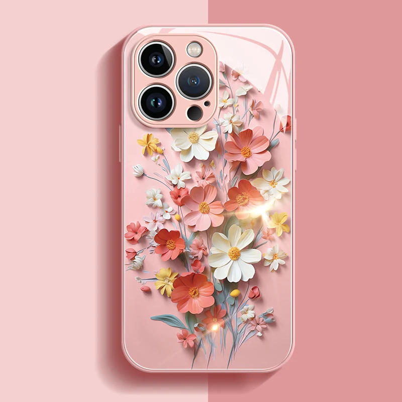 For iPhone 15Pro Max Flower Metal Painted Glass Shell For iPhone 14 15Plus 13 12 11Pro Max XR Fashion Antio-drop Phone Case Capa