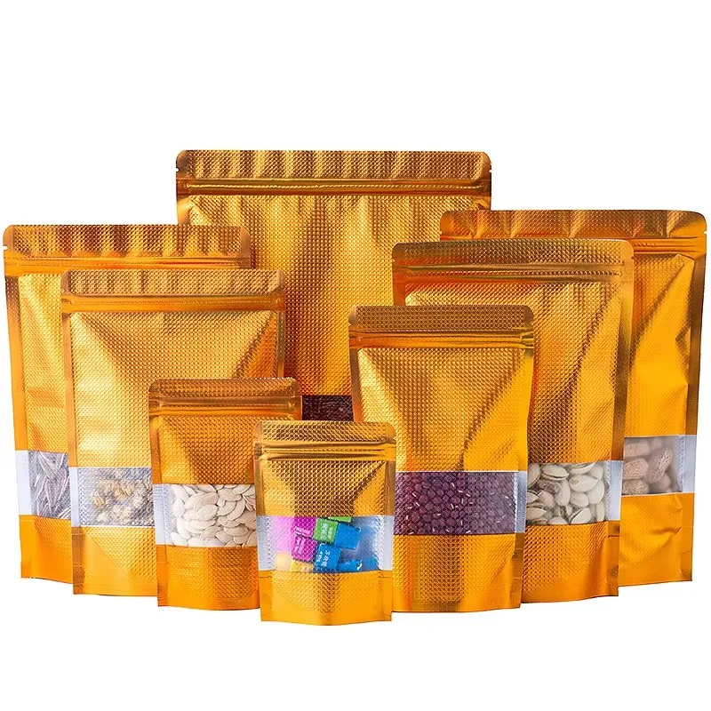 1000Pcs/Lot Gold Stand Up Embossed Aluminum Foil ZipLock Bags With Window Mylar Foil Plastic Pouch Nuts Sachet Zipper Reclosable