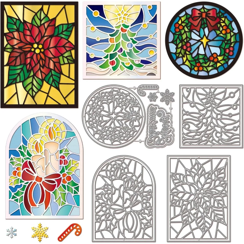 

Металлические вырубные формы для трафаретов: стеклянная елочка, цветы пуансеттии, рождественский венок, свечи. Для изготовления открыток и поделок своими руками.