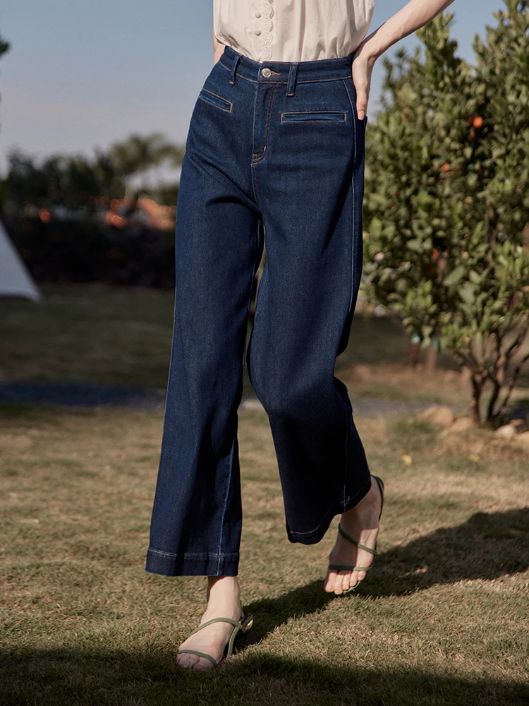 

High Waist Straight Leg Retro Denim Jeans Women's Versatile Wide Leg Pants French Style Cotton Stretch Denim All Seasons