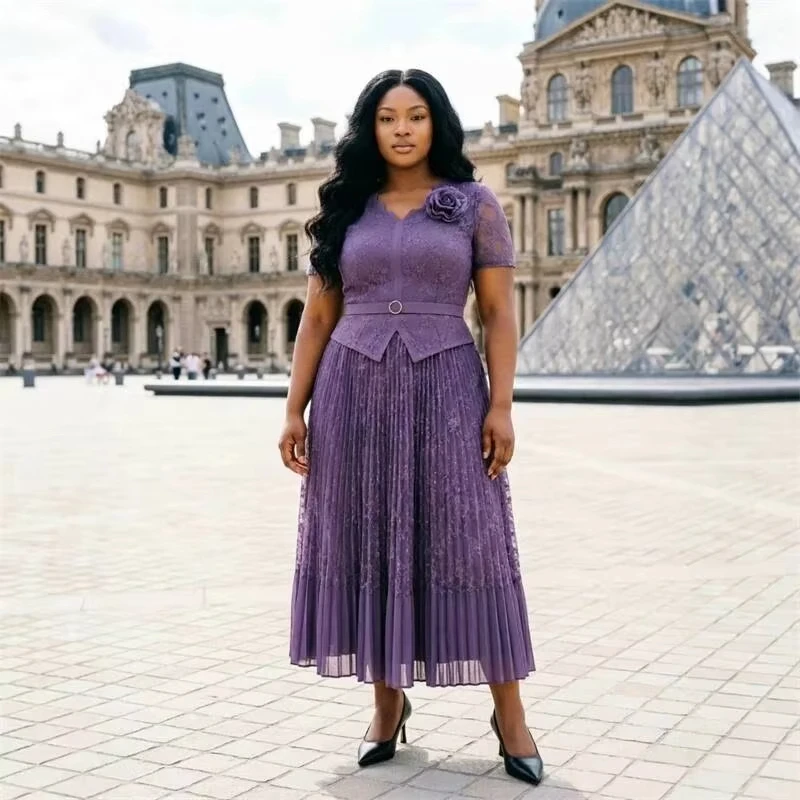 ANLAN Lace Patchwork Design Women's Pleated Dress V Neck Short Sleeve Belted Waist Formal Fashion Summer Clothing 2026 New