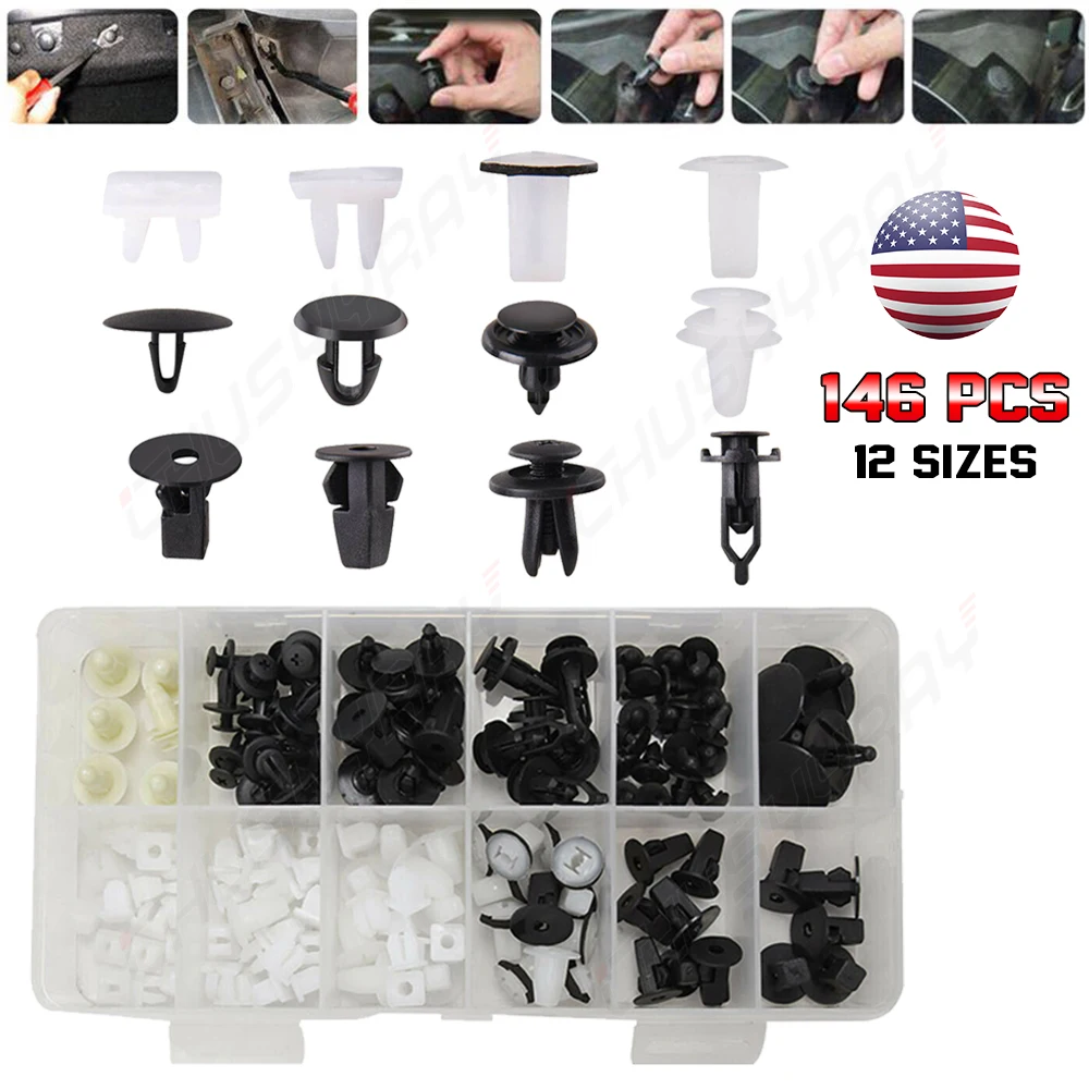 PCVBMLAUT 146Pcs Auto Fastener Clips Vehicle Retainer Rivet Door Panel Fender Liner Bumper Fender Trim Plastic Mixed Car Clips