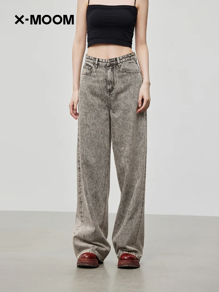 

XMOOM Осенние Новые Женские Джинсы с Эффектом Потёртости, Прямые, Свободного Кроя, Из Хлопкового Эластичного Денима, С Застежкой-Молнией На Естественной Талии