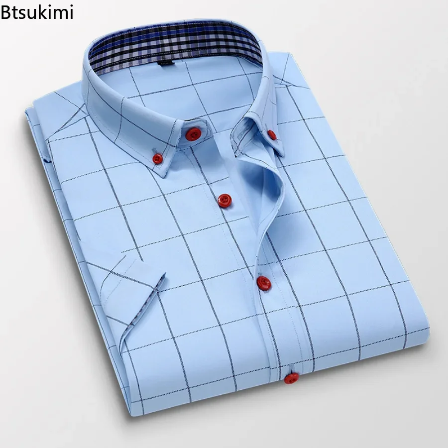 

New 2024 Men's Summer Short Sleeve Plaid Shirt Fashion Formal Business Office Slim Fit Clothing Men Shirts Camisas De Hombre 5XL