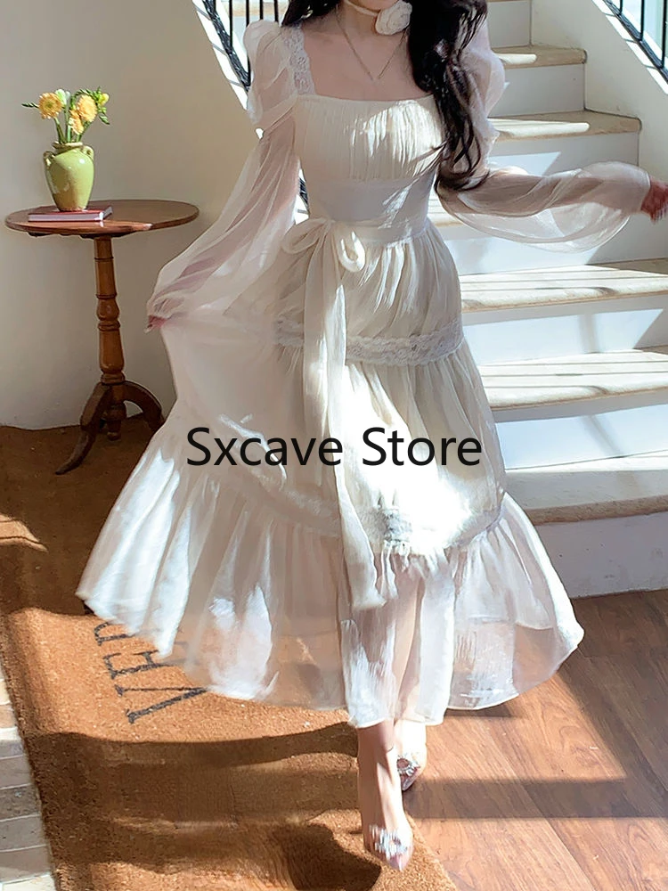 French Vintage Lace Midi Dress Women Casual Beach Style Chiffon Lace Dress Even Party Outwear Slim Korean Fashion Clothing