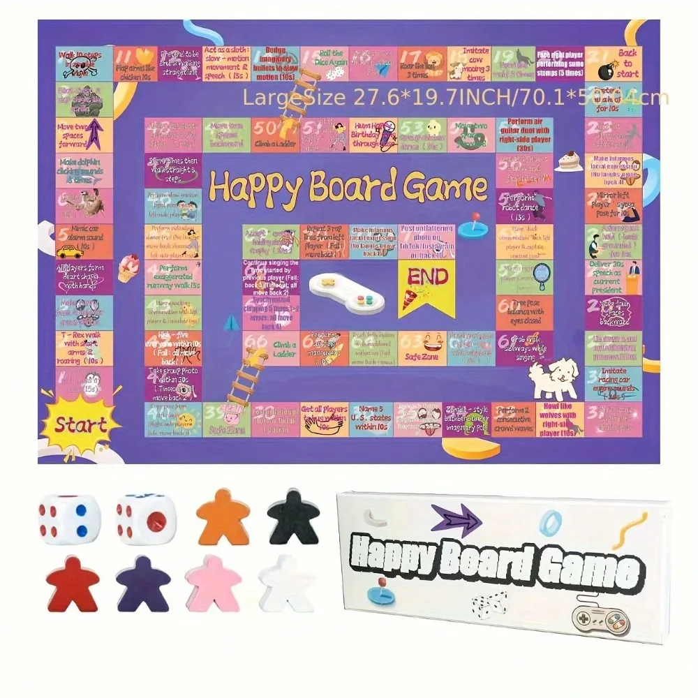 Happy Board Game Large Interactive Party Game Board, 27.6 x 19.7 Green Linen Family Gathering Table Game with Dice, Stars and Cards for Family Nights, Restaurant Fun and Gaming Lovers Gifts, Gaming Night Goods, Fun Designs, Color Illustrations
