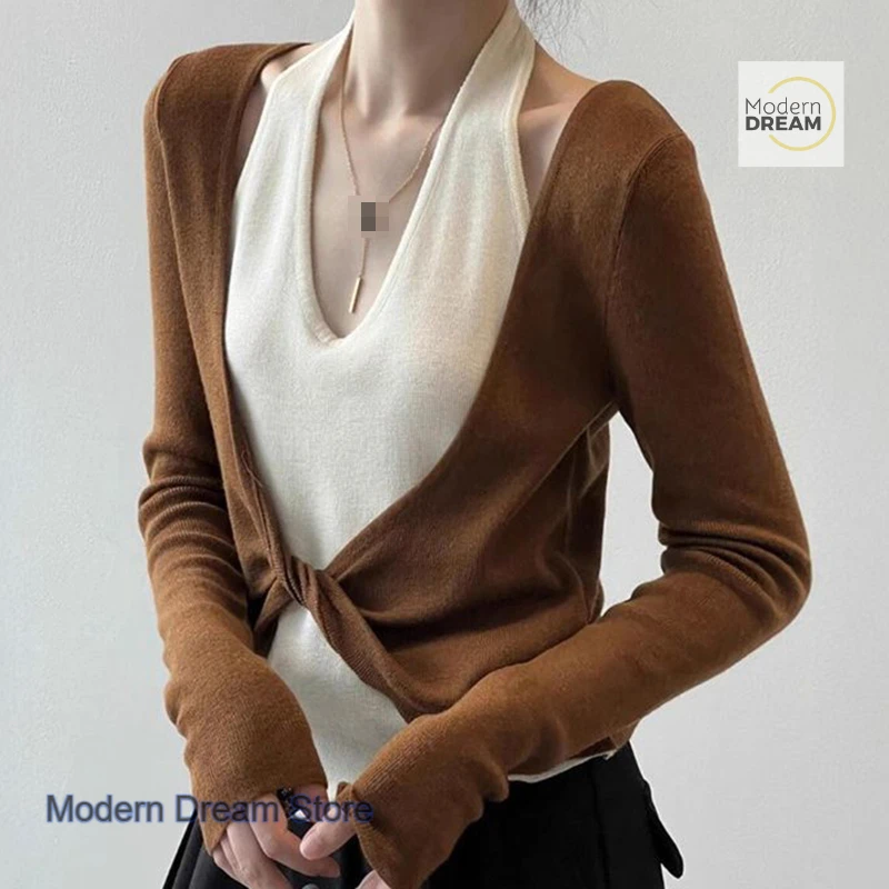 

French coffee V-neck fake two-piece blouse women's spring and autumn new fashion design sense light luxury slim Joker shirt