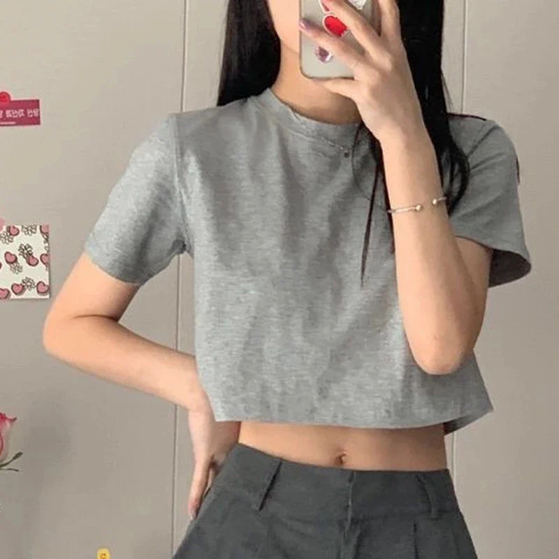 

T-shirt Women Cropped Solid Sexy Minimalist Hot Sale Slim Casual Fashion Preppy Chic Basic Tops Korean Style Streetwear Popular