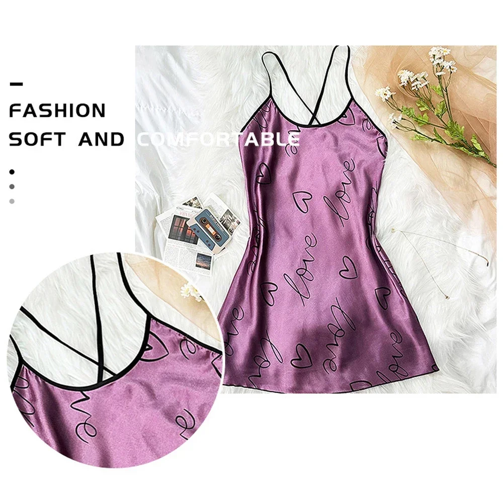 ฤดูร้อนเซ็กซี่ชุดนอนสลิง Nightdress เปิดกลับ Criss Cross Sleep ชุดโรแมนติกหัวใจพิมพ์ชุดนอนผู้หญิง