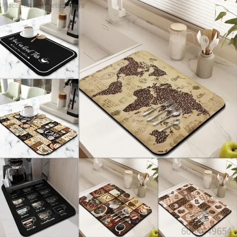 Vintage Nostalgic Coffee Bean World Map Absorbent Quick Clean Slip-Resistant Dish Drying Mat for Kitchen & Coffee Bar