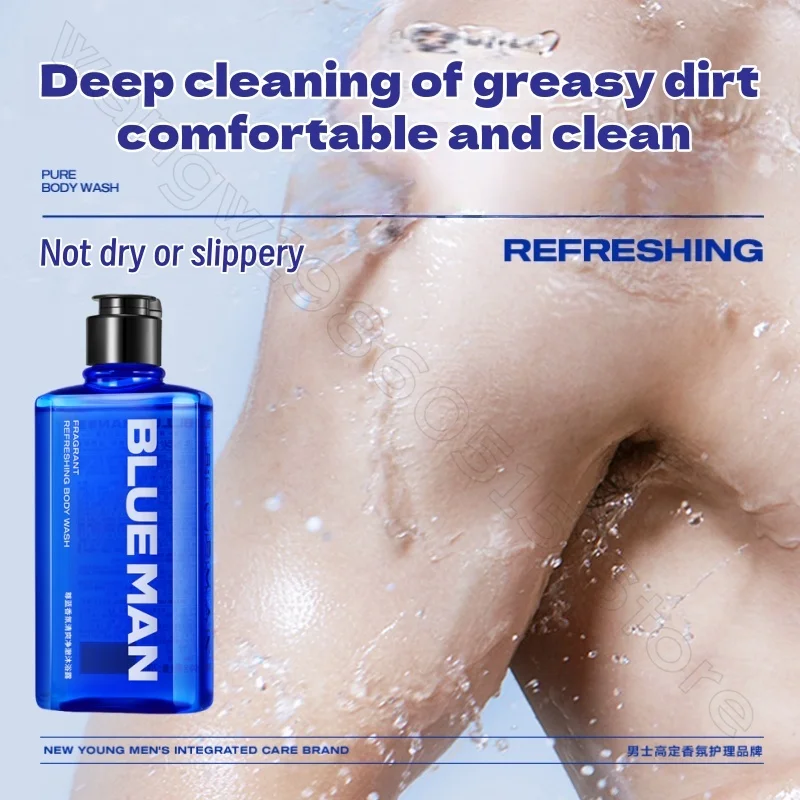 BLUEMAN-Gel de ducha y ácaros para hombre, fragancia especial, Control de aceite de aminoácidos de larga duración, eliminación de ácaros, Gel de ducha refrescante