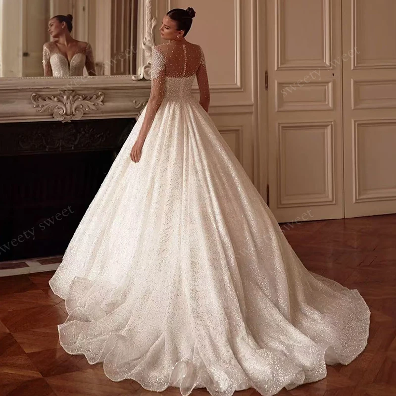 Robe De mariée gracieuse, broderie De perles, robe De bal, manches longues, col en v, bouton arrière personnalisé