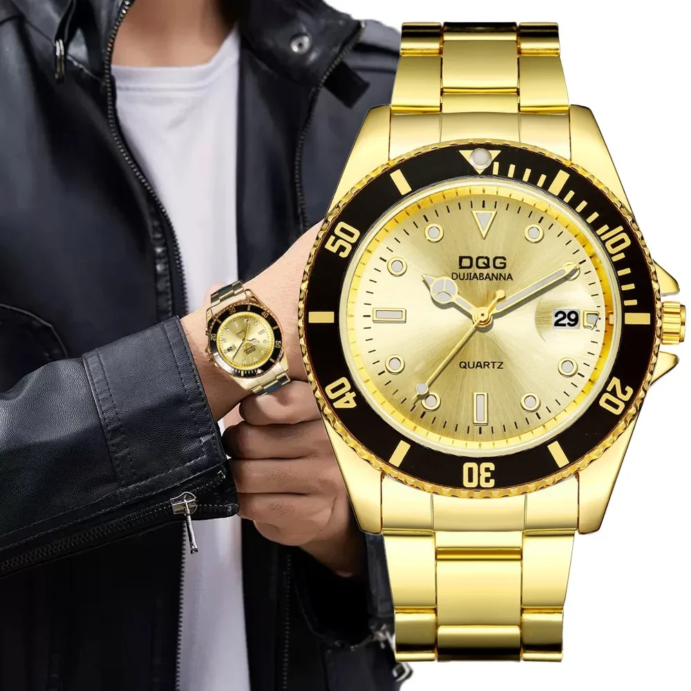 Reloj de pulsera de cuarzo para hombre, cronógrafo de acero inoxidable con esfera grande, sencillo, dorado, a la moda, para negocios