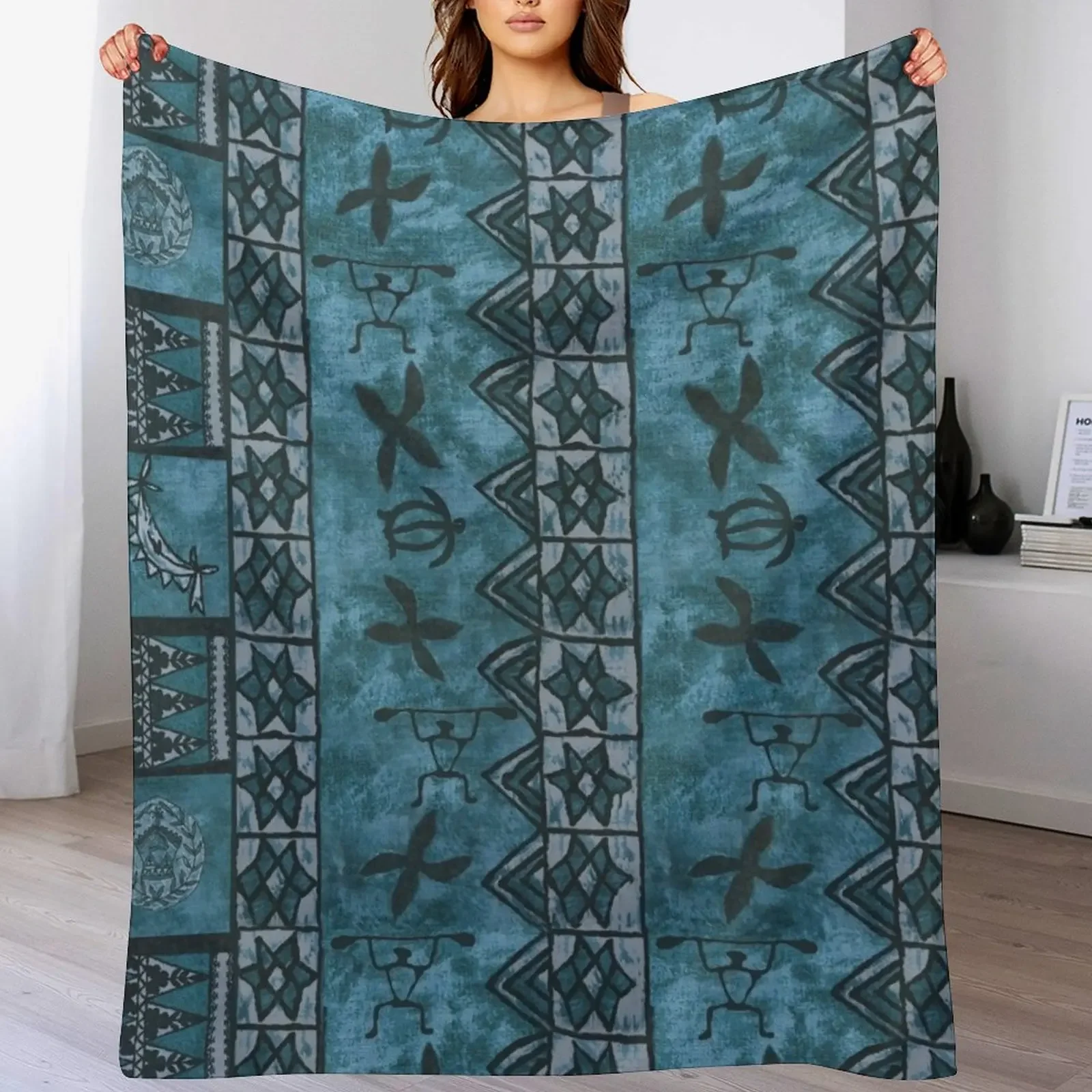 

Vintage Hawaiian Tapa Ocean Blue Throw Blanket Ultra Soft Flannel Fleece Blanket for All Seasons