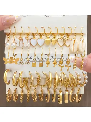 24 Pcs European and American Boho Big Circle Hoop Earring Set for Women Gold Color Vintage Pearl Earring Heart Zircon Jewelry
