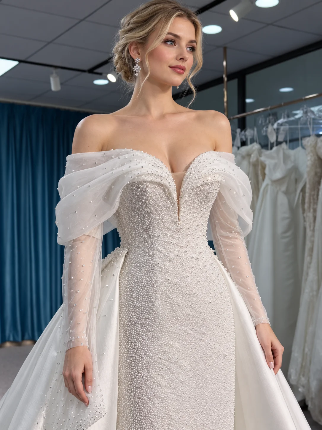 Luxury Beaded Wedding Dress Off Shoulder Long Sleeves Sweetheart Satin Overskirt Bridal Gown Custom Plus Size Vestido de no