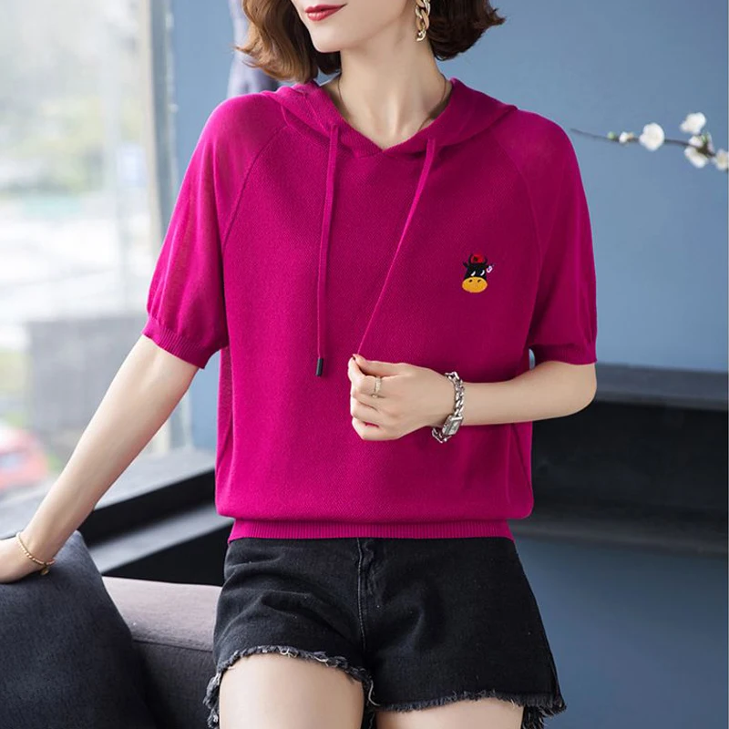 Women's Clothing Summer Korean Embroidery Drawstring Knitted Hooded T-shirts Y2K Trendy Casual Short Sleeve Loose Pullover Tops
