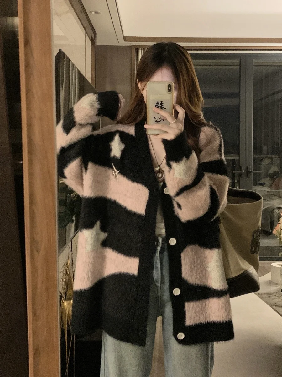 

Винтажный камуфляжный открытый кардиган большого размера в полоску со звездами, осенний новый вязаный топ для колледжа, топ INS