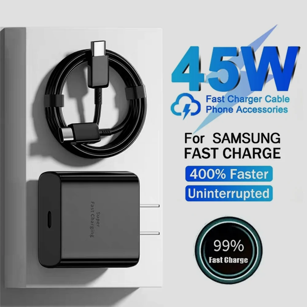 

Быстрое зарядное устройство USB-C PD 45 Вт для Samsung S20 S21 FE S22 S23 S24 Note 20 A14 A15 A25 A53 A54, кабель Super Quick Charge 5A с двумя разъемами Type-C